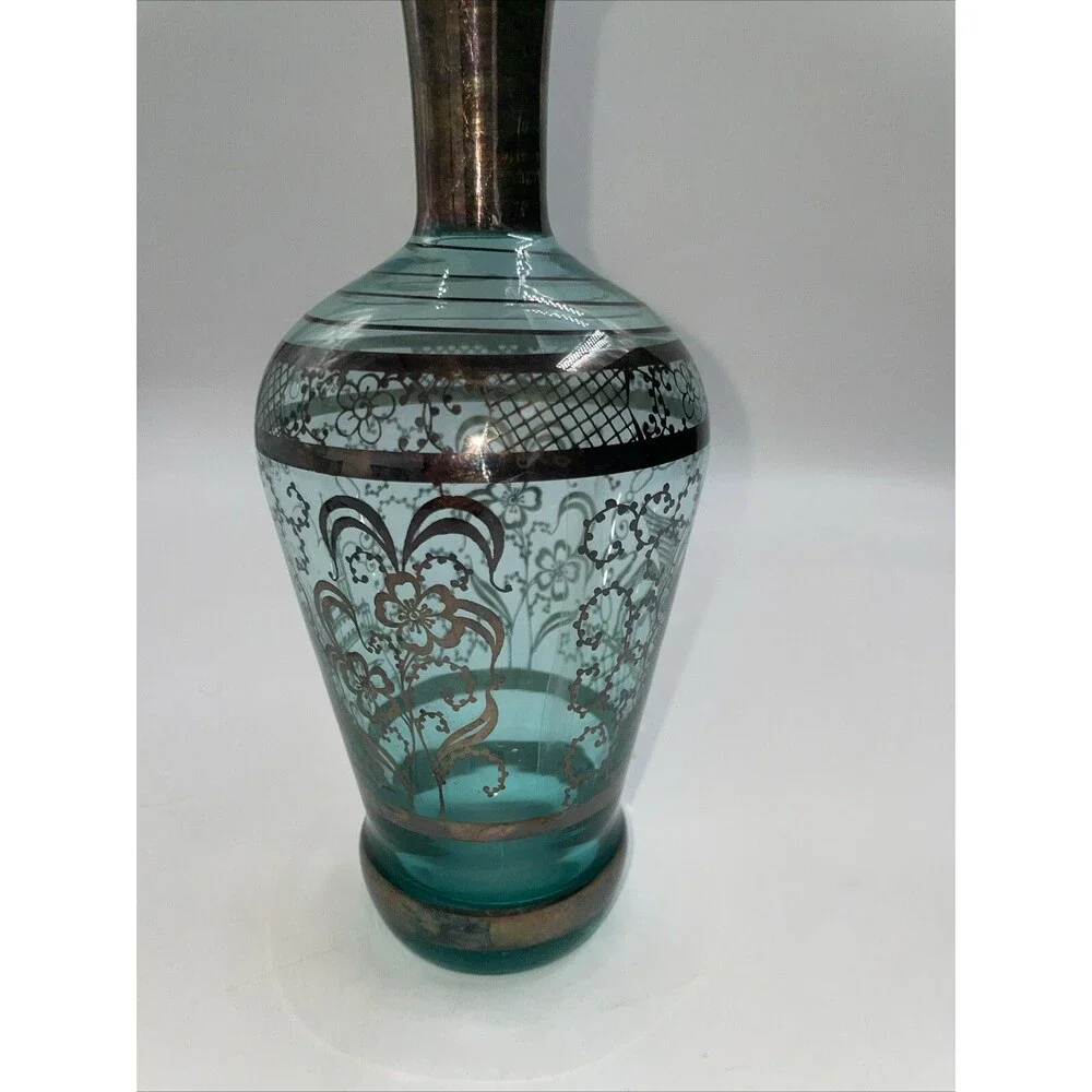VINTAGE Art Deco Venetian Hand Blown Silver Overlay Glass Decanter 3 Cordials